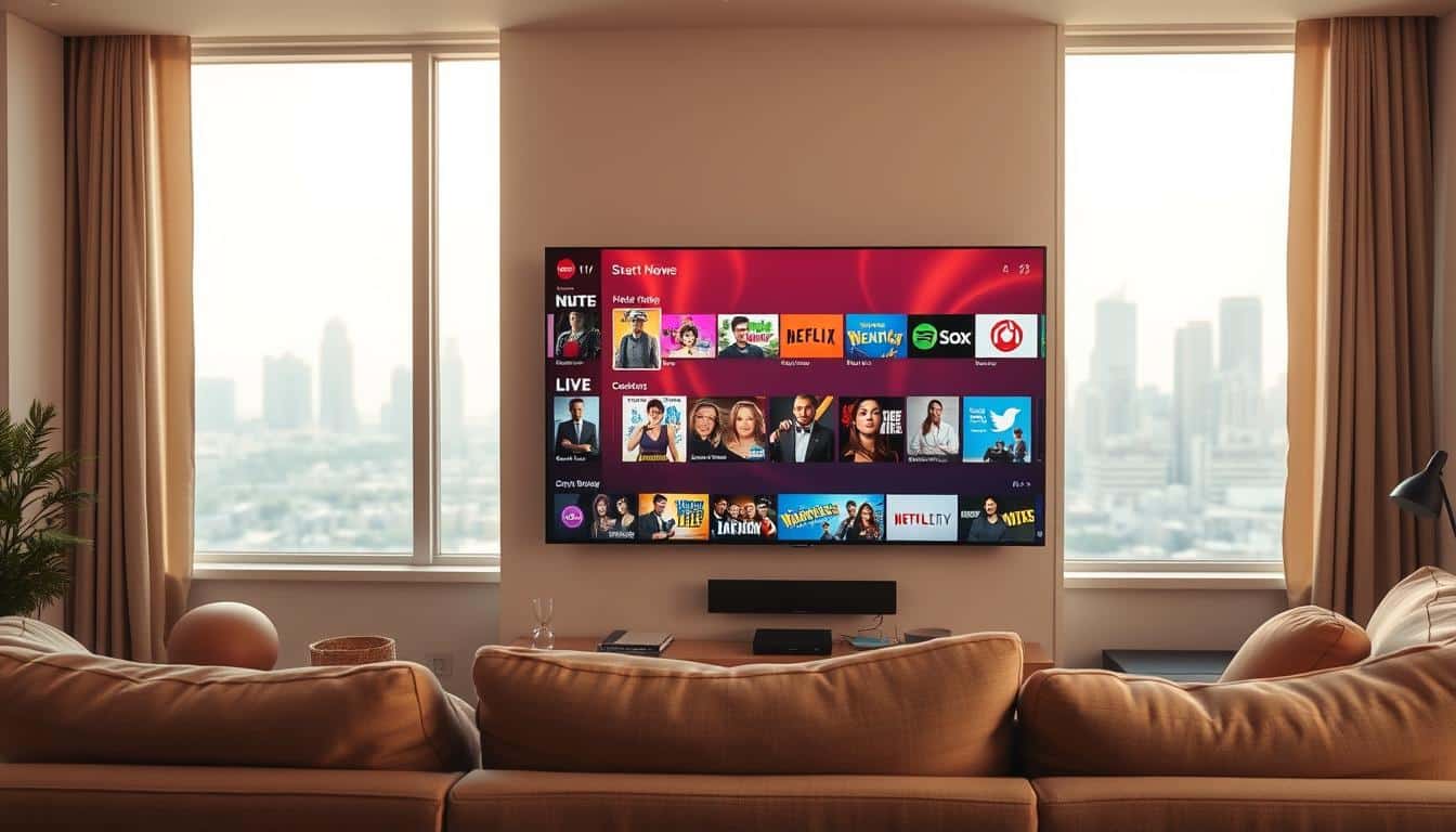 A cozy living room scene with a large, modern flatscreen TV mounted on the wall. The TV displays a vibrant streaming service interface, showcasing a diverse selection of movies, TV shows, and live content. In the foreground, a comfortable sofa and armchair are arranged, inviting the viewer to settle in for an immersive viewing experience. The room is bathed in warm, soft lighting, creating a welcoming and relaxing ambiance. Through the windows, a city skyline is visible, suggesting the global reach and accessibility of online streaming. The overall composition conveys the seamless integration of technology and entertainment, capturing the essence of the "Streaming 101" experience.