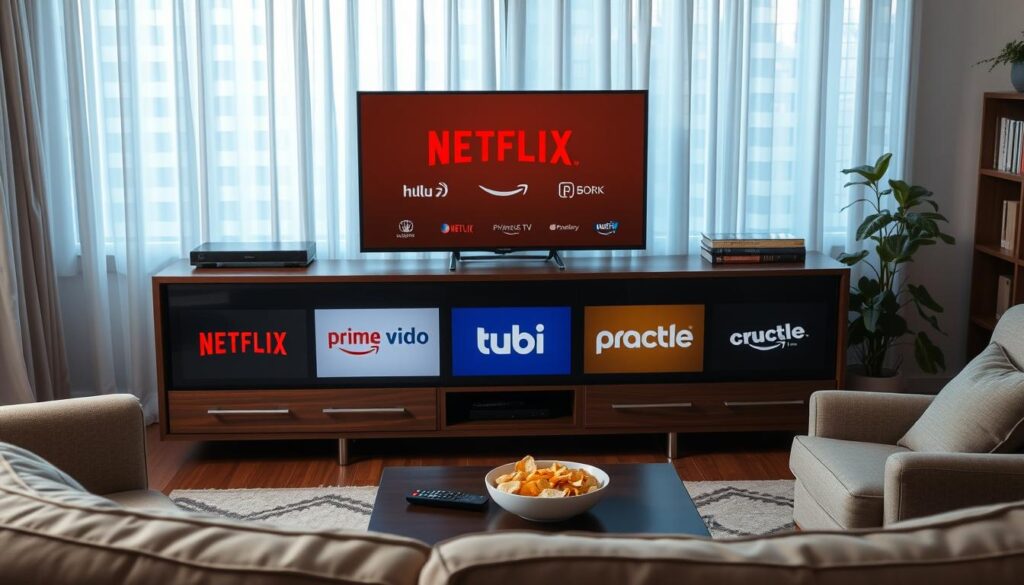 A cozy living room setting with a modern TV stand displaying various streaming service logos, including Netflix, Hulu, Amazon Prime Video, and free options like Pluto TV, Tubi, and Crackle. Soft lighting filters through sheer curtains, creating a welcoming and relaxed atmosphere. In the foreground, a comfortable couch and armchair invite viewers to sit back and enjoy their favorite shows. The middle ground features a coffee table with a remote control and a bowl of snacks, hinting at the convenience and affordability of the free streaming options. The background showcases a bookshelf and a few houseplants, adding a sense of warmth and homeliness to the scene.