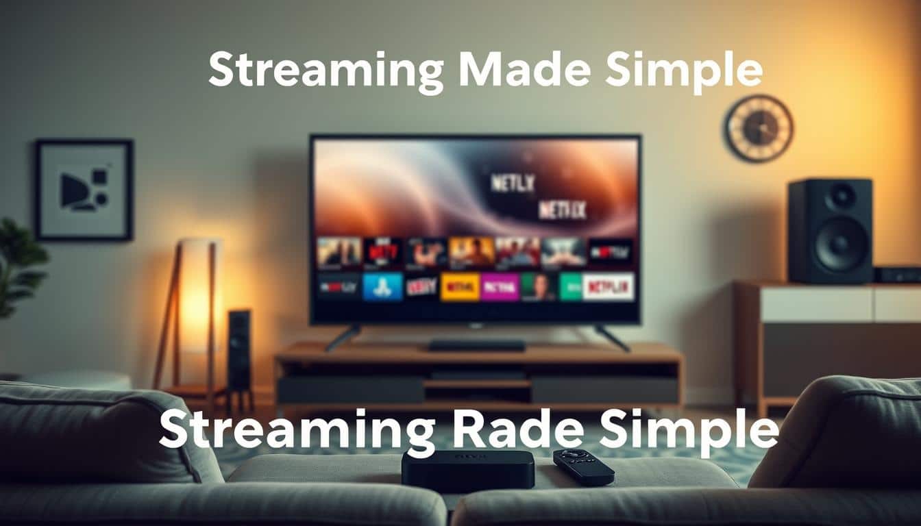 A cozy living room with a large flat-screen TV, flanked by sleek streaming devices and remotes. Soft ambient lighting casts a warm glow, while the background showcases a minimalist, modern decor. The scene evokes a sense of comfort and relaxation, inviting the viewer to settle in and explore the various streaming options available. The composition is balanced, with the TV taking center stage and the supporting elements seamlessly integrated. The overall mood is one of simplicity and accessibility, reflecting the "Streaming Made Simple" theme.