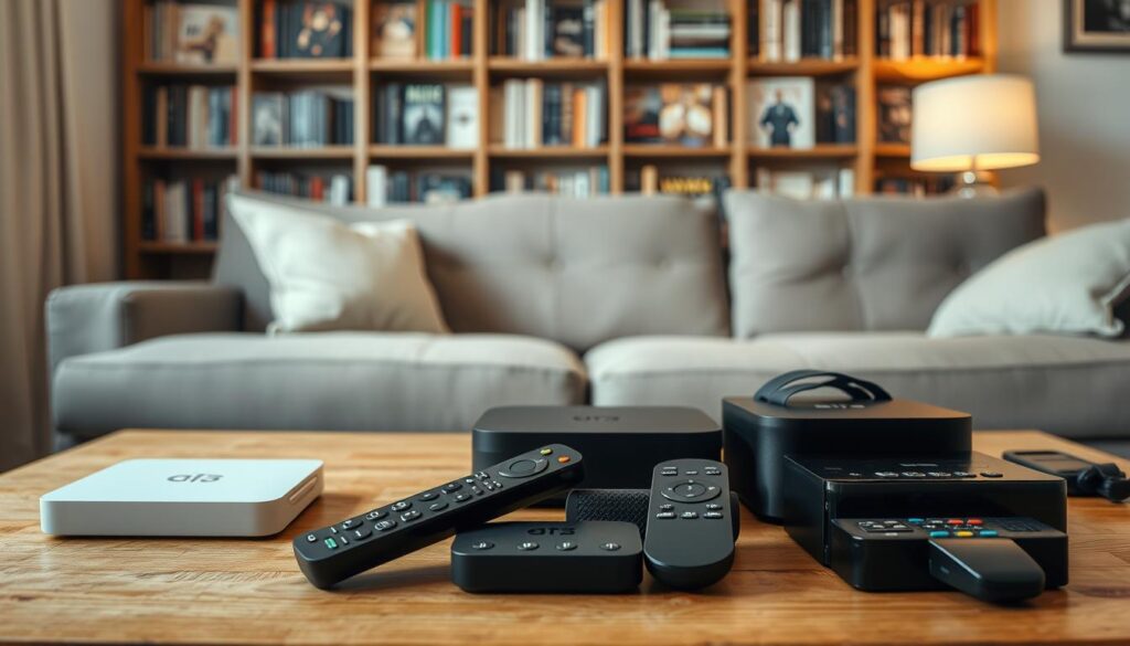 A cozy living room with an array of streaming devices and remote controls prominently displayed on a wooden coffee table. The soft, warm lighting creates a inviting atmosphere, while the background features a bookshelf filled with eclectic movies and shows, hinting at the diverse range of niche streaming options available. The overall composition suggests a sense of discovery and exploration, capturing the essence of finding unique, lesser-known entertainment sources.