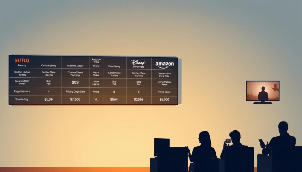A detailed comparison of popular streaming services displayed in a clean, minimalist layout. In the foreground, rectangular panels showcasing key details like content libraries, pricing, and device compatibility for major platforms like Netflix, Hulu, Disney+, and Amazon Prime Video. The middle ground features silhouettes of viewers accessing content on various devices, conveying the versatility of streaming. The background is a soft, neutral gradient, keeping the focus on the service information. Subtle lighting from the side casts an even, professional glow over the entire scene. The overall mood is informative yet visually appealing, suitable for an editorial illustration on choosing the right streaming service.
