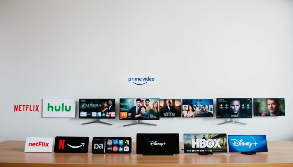 A detailed visual comparison of the major on-demand streaming services, presented in a clean, minimalist style. In the foreground, neatly arranged icons or logos of the top streaming platforms, including Netflix, Hulu, Amazon Prime Video, Disney+, HBO Max, and others. In the middle ground, a series of sleek, high-resolution product shots showcasing the user interfaces and content libraries of each service. The background features a soft, muted gradient that complements the overall aesthetic, creating a sense of depth and balance. The lighting is natural and evenly distributed, highlighting the key elements without harsh shadows or highlights. The camera angle is slightly elevated, providing an overview of the comparative landscape. The overall mood is professional, informative, and visually striking, suitable for inclusion in a comprehensive article on streaming services.