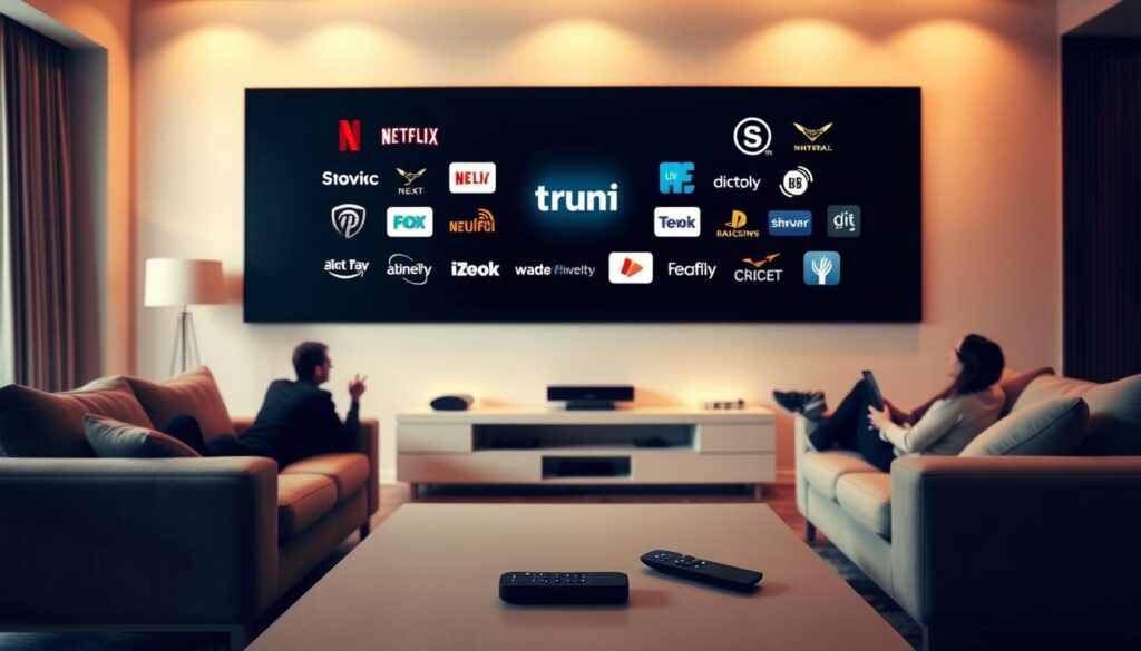 A modern living room with a large flat-screen TV mounted on the wall, surrounded by various streaming device icons and logos. The room is bathed in warm, diffused lighting, creating a cozy and inviting atmosphere. In the foreground, a minimalist coffee table holds a remote control and a smartphone, hinting at the seamless integration of live TV streaming services. The middle ground features silhouettes of people lounging on comfortable sofas, engrossed in their streaming content. The background showcases a minimalist, clutter-free design, emphasizing the sleek and efficient nature of the live TV streaming experience.