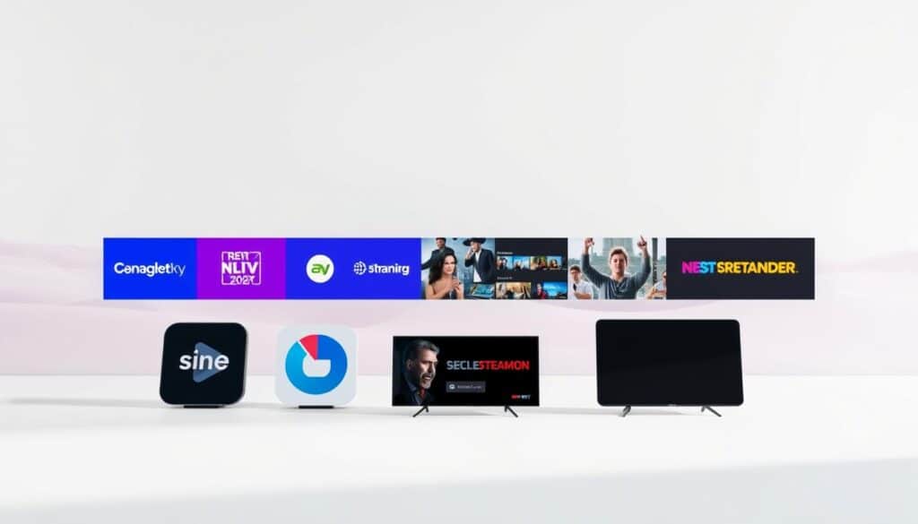 A sleek, modern comparison of popular streaming platforms, showcased in a well-lit, minimalist setting. In the foreground, various streaming service logos are arranged neatly, each with a distinct color scheme and visual identity. The middle ground features a series of small icons or thumbnails representing the content and features of each platform, allowing for an at-a-glance comparison. The background is a clean, gradient-based landscape, providing a visually appealing and uncluttered canvas. The overall mood is one of clarity, sophistication, and a focus on the key details that consumers would need to make an informed decision about the best streaming service for their needs.