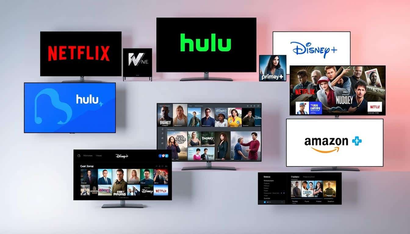A sleek, modern comparison of popular streaming services, displayed on multiple device screens arranged in a dynamic, visually appealing layout. The foreground features high-quality logos and icons for leading platforms like Netflix, Hulu, Disney+, Amazon Prime Video, and others, neatly organized and contrasted. The middle ground showcases various movie and TV show thumbnails, reflecting the diverse content available. The background subtly suggests a technology-driven, minimalist aesthetic with clean lines, muted tones, and a soft, ambient lighting that creates a sense of depth and sophistication. The overall composition conveys the idea of a comprehensive, user-friendly guide to the best streaming options for movies and television.