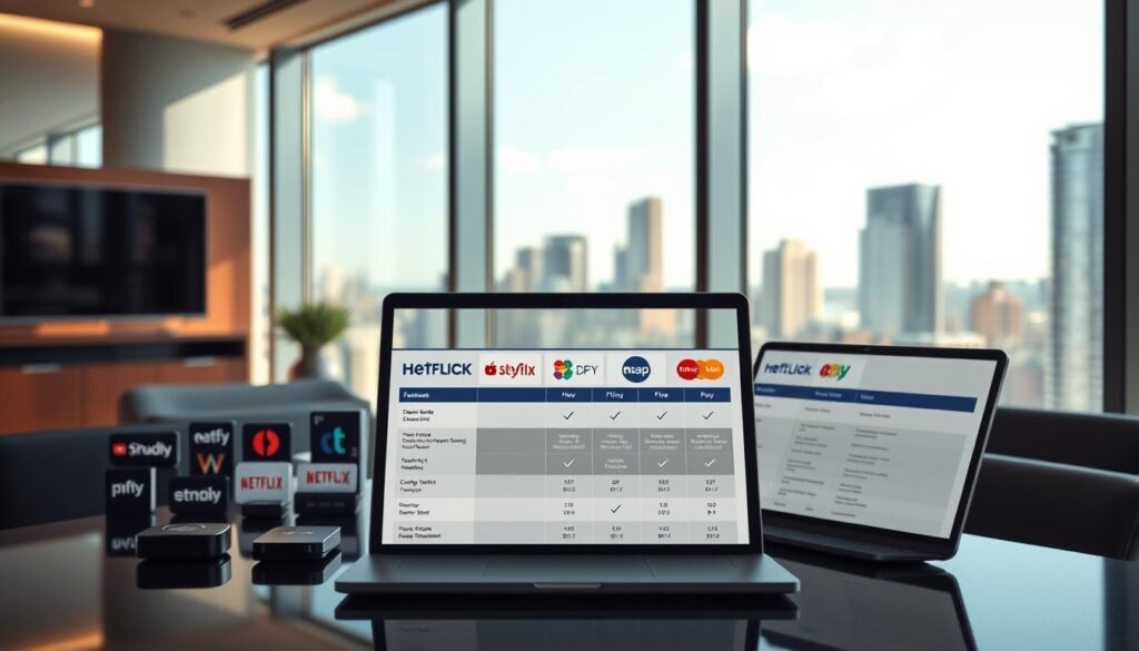 A sleek, modern office setting with floor-to-ceiling windows overlooking a city skyline. On the desk, various streaming service logos are neatly arranged, each represented by a small icon. In the foreground, a laptop displays a comparison chart, highlighting key features and pricing of the different services. The lighting is soft and natural, creating a professional and informative atmosphere. The composition emphasizes the decision-making process, inviting the viewer to explore the options and find the perfect streaming service for their needs.