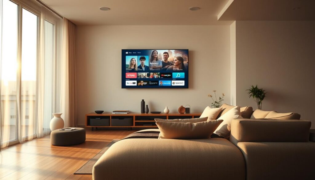 An ultra-wide cinematic shot of a cozy living room, bathed in soft, ambient lighting. The focus is on a large, state-of-the-art smart TV mounted on the wall, its screen illuminating the space with a captivating, high-definition streaming interface. In the foreground, a plush, oversized sofa is positioned for optimal viewing, inviting the viewer to sink in and immerse themselves in the captivating content. The room is adorned with modern, minimalist decor, creating a refined, elevated atmosphere. Subtle reflections from the TV screen dance across the hardwood floors, and warm, diffused light filters in through large windows, evoking a sense of comfort and relaxation. The overall scene conveys a harmonious, streamlined streaming experience, blending technology and design for a truly elevated home entertainment setting.